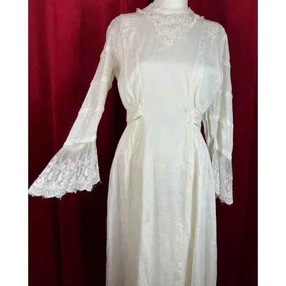 Tall C 1908 Fancy Lace Linen Dress Summer Edwardian Bell Sleeve - Picture 1 of 12